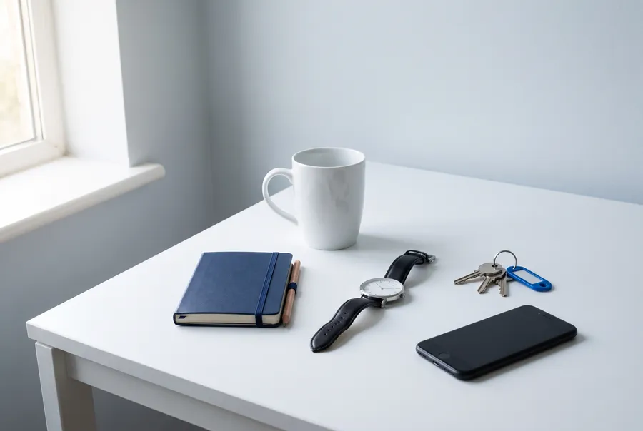 Mug, notebook, watch, keys and phone on a white table